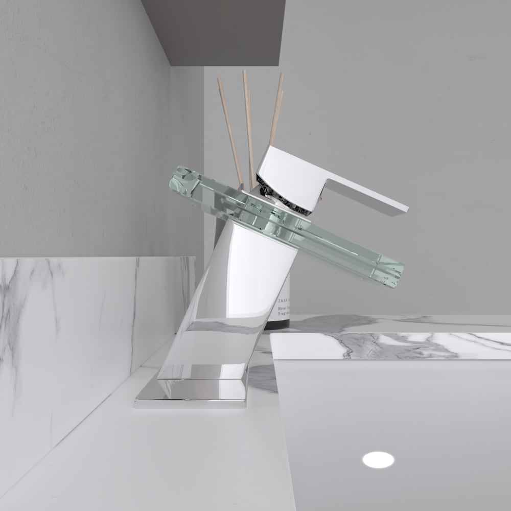 Robinet de salle de bain à un trou et à poignée unique en cascade avec bec en verre en chrome poli