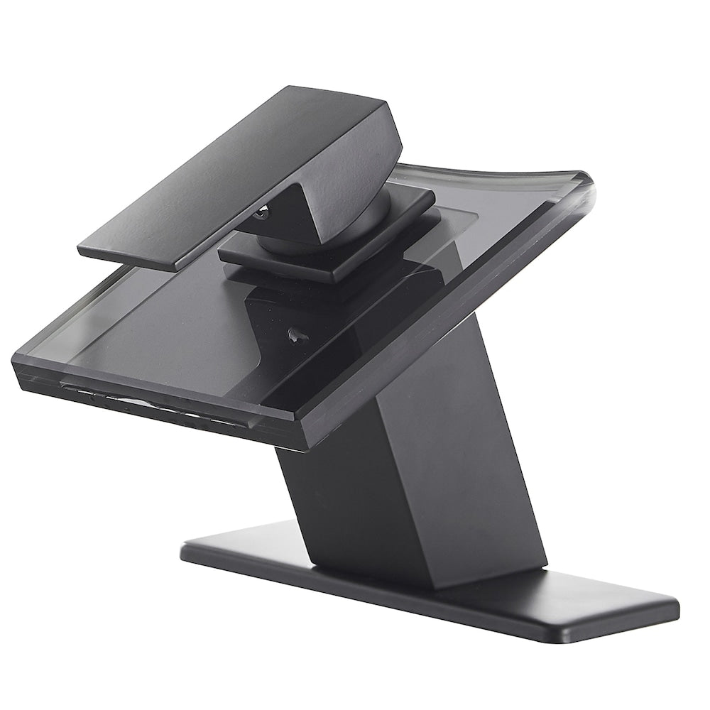 Robinet de salle de bain monotrou à cascade et poignée unique à arc bas avec bec en verre en noir mat