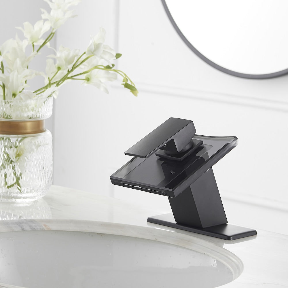 Robinet de salle de bain monotrou à cascade et poignée unique à arc bas avec bec en verre en noir mat