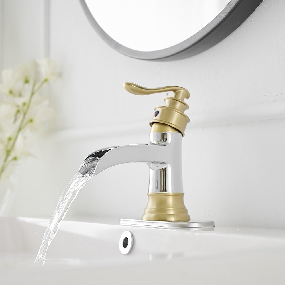 Robinet de salle de bain à poignée unique en cascade Robinet de lavabo de salle de bain en chrome doré
