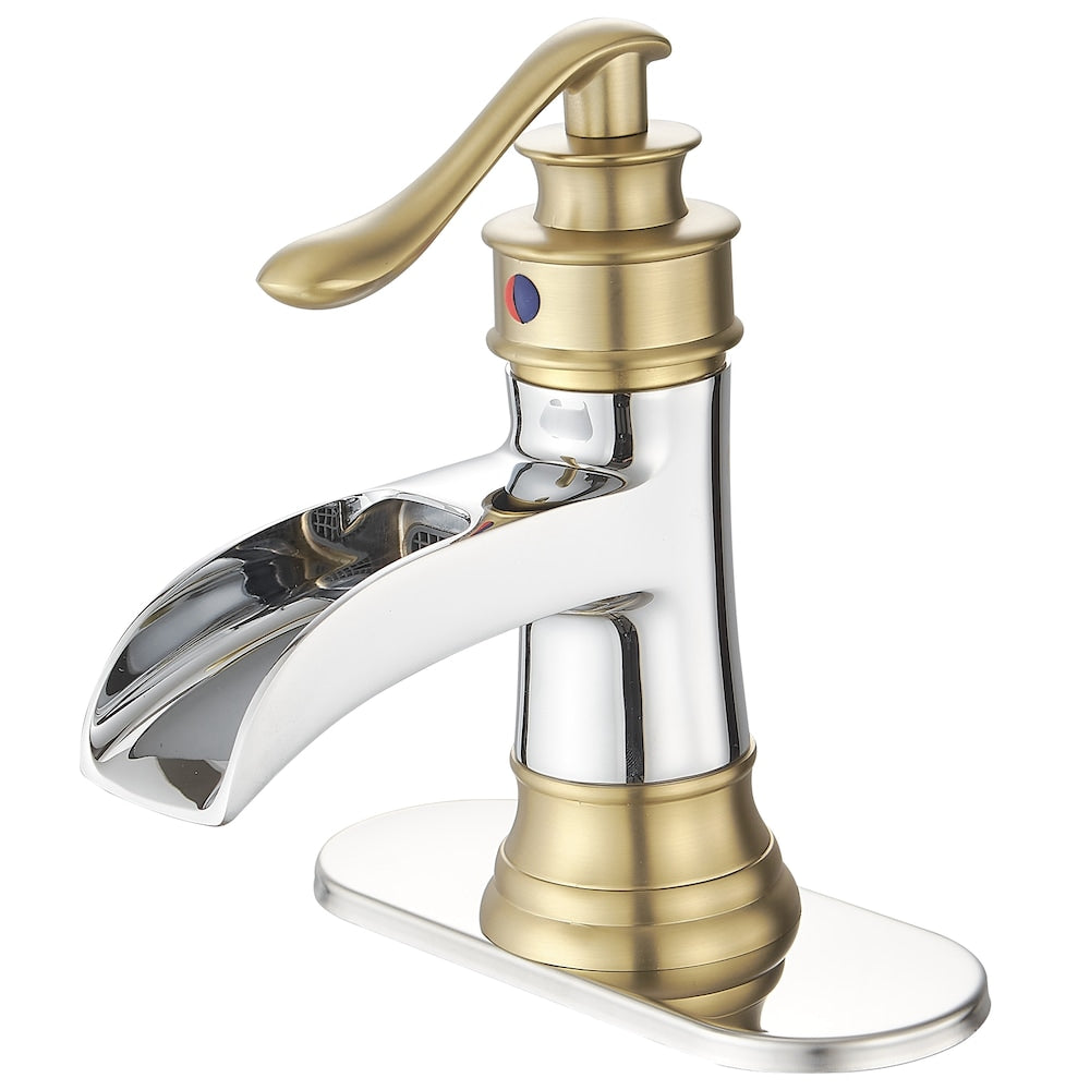 Robinet de salle de bain à poignée unique en cascade Robinet de lavabo de salle de bain en chrome doré