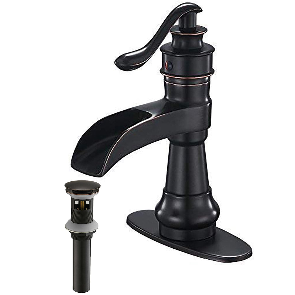 Robinet de salle de bain à un trou et à poignée unique en cascade avec ensemble de vidange en bronze huilé