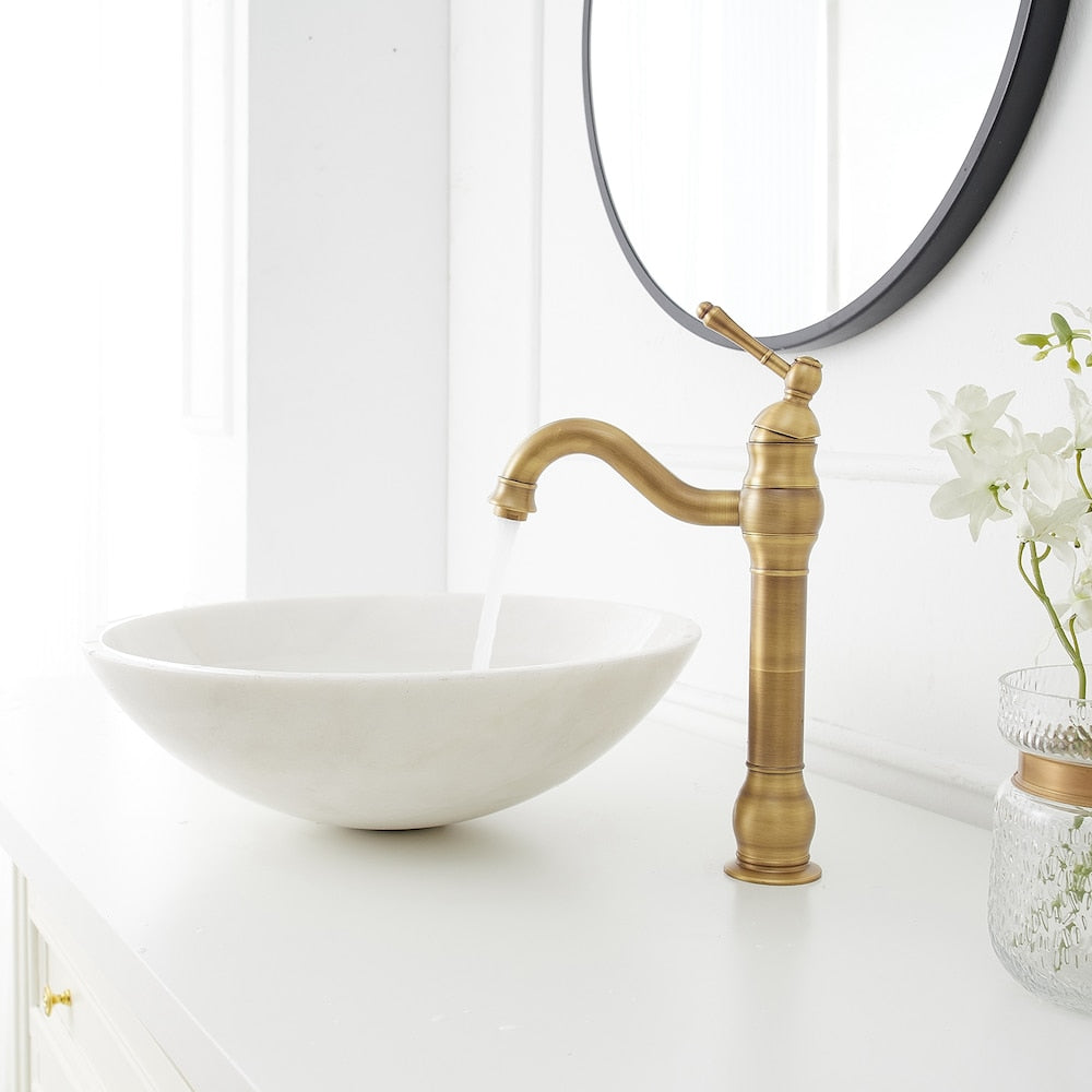 Robinet de lavabo monotrou à poignée unique avec bec pivotant à 360° en laiton antique