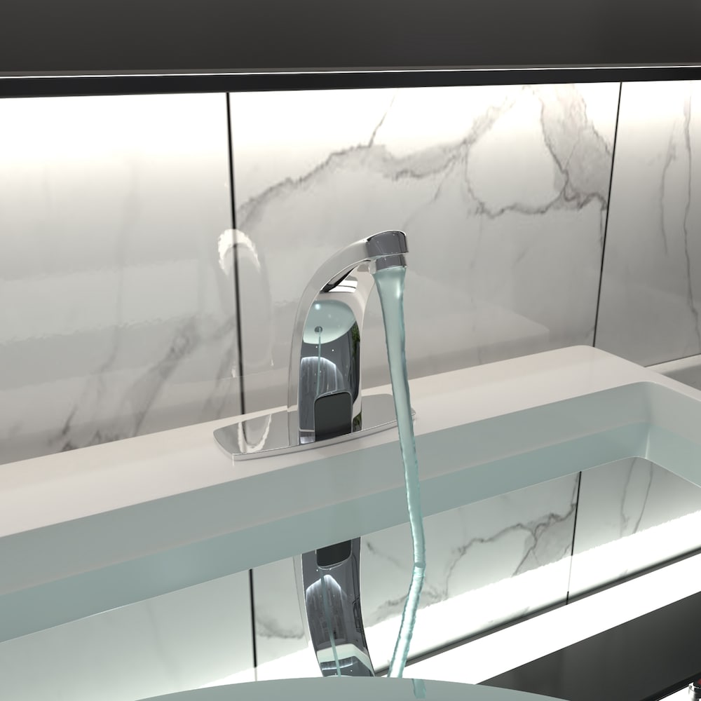 Robinet de lavabo de salle de bain automatique sans contact avec capteur et plaque de pont en chrome poli
