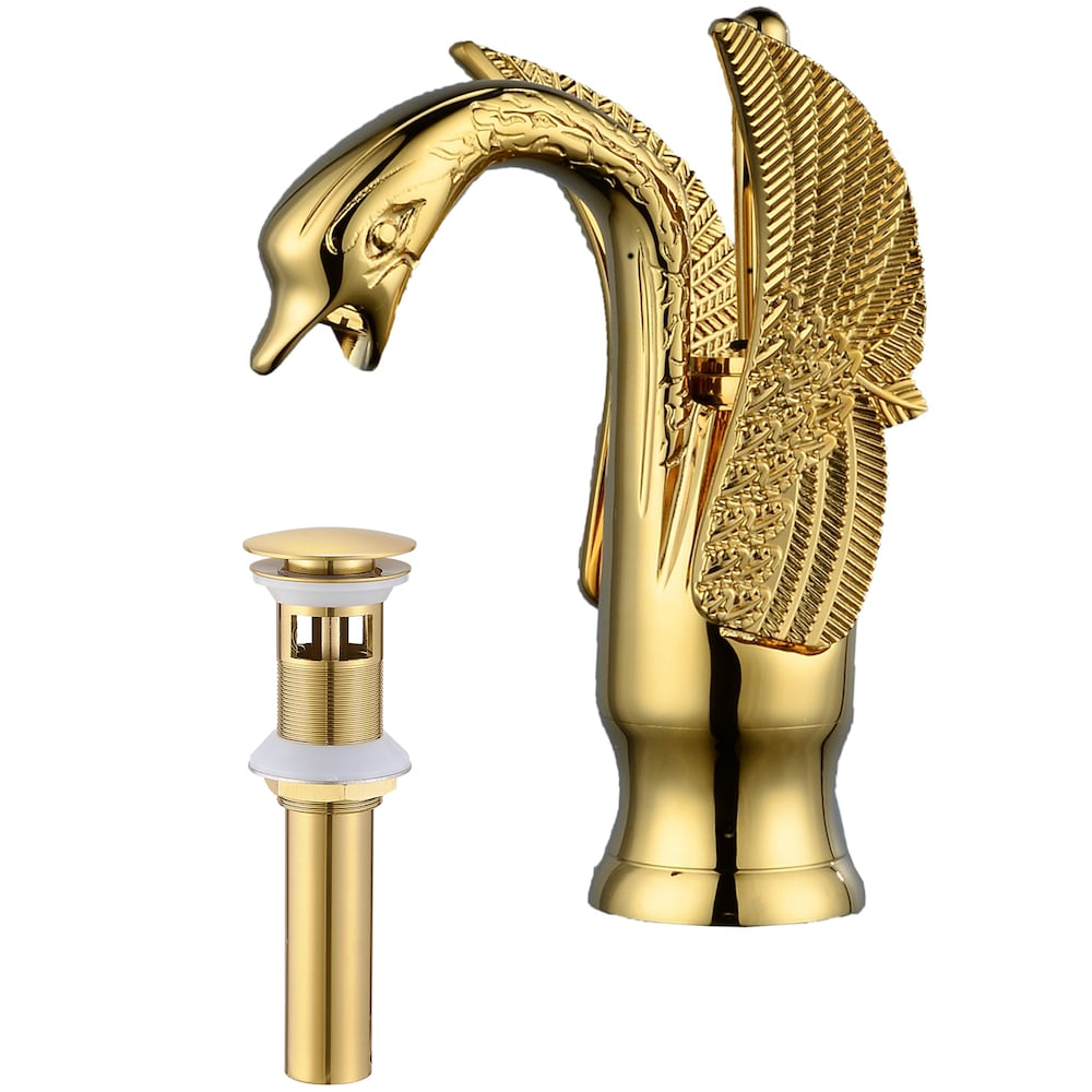 Robinet de salle de bain à poignée unique et trou unique Swan avec couvercle de trop-plein et de vidage escamotable en or