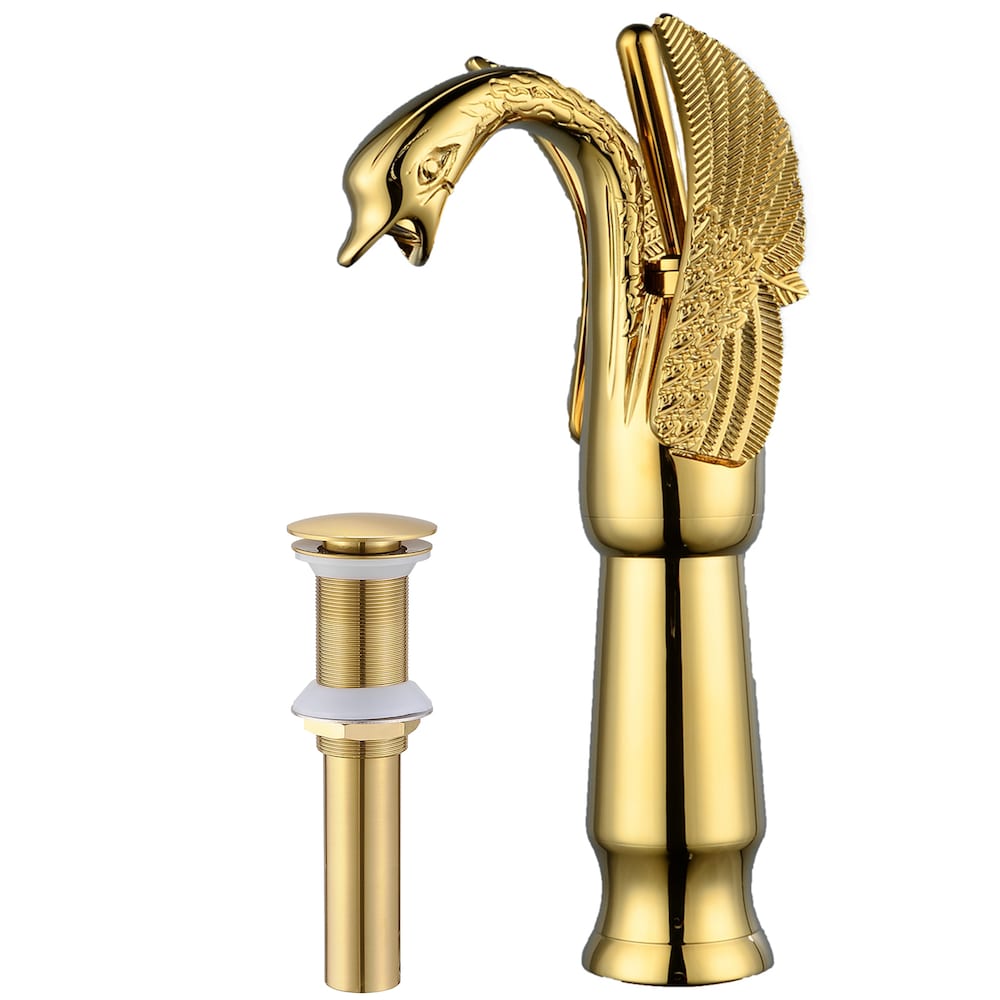 Robinet de lavabo de salle de bains à poignée unique à trou unique Swan avec bonde escamotable en or poli