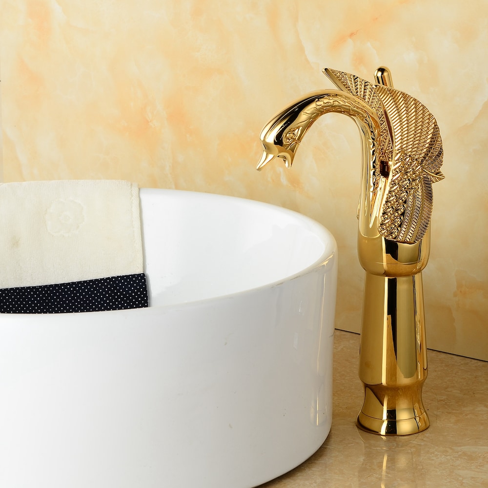 Robinet de lavabo de salle de bains à poignée unique à trou unique Swan avec bonde escamotable en or poli