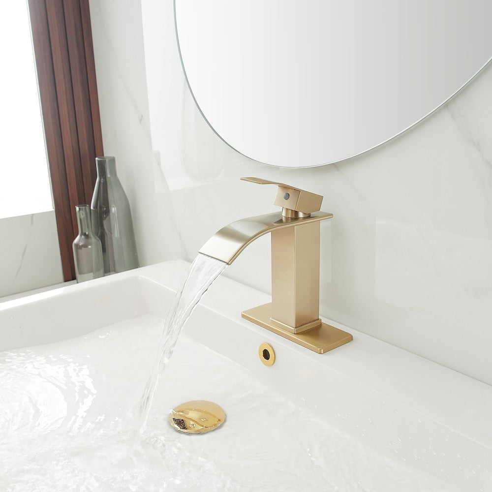 Robinet de salle de bain à poignée unique en cascade Robinet de lavabo de salle de bain en or brossé
