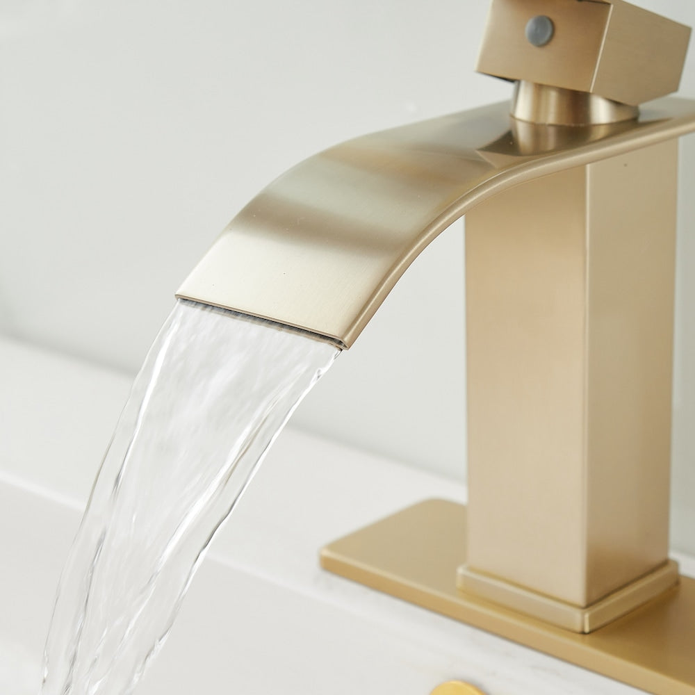 Robinet de salle de bain à poignée unique en cascade Robinet de lavabo de salle de bain en or brossé