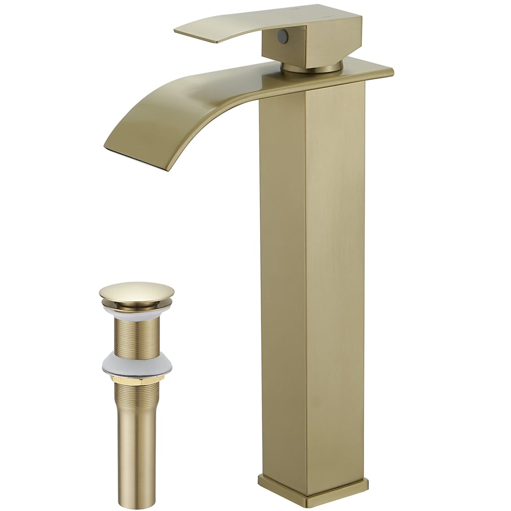 Robinet de lavabo de salle de bains à poignée unique à trou unique en cascade avec tuyau d'alimentation en or brossé