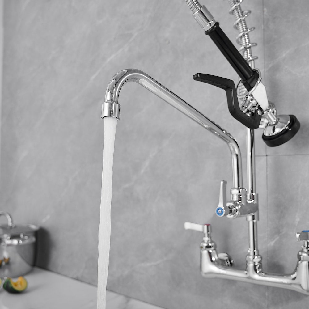 Robinet de cuisine utilitaire à 2 poignées avec bec rétractable et pré-rinçage pour restaurant commercial en chrome