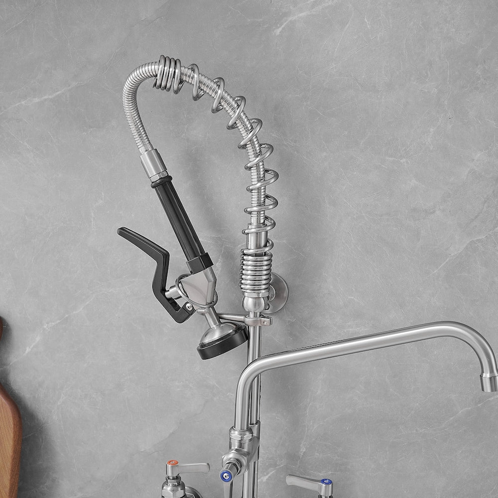 Robinet de cuisine utilitaire à 2 poignées avec bec rétractable et pré-rinçage pour restaurant commercial en nickel