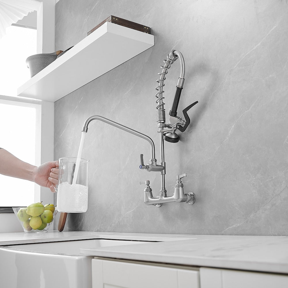 Robinet de cuisine utilitaire à 2 poignées avec bec rétractable et pré-rinçage pour restaurant commercial en nickel