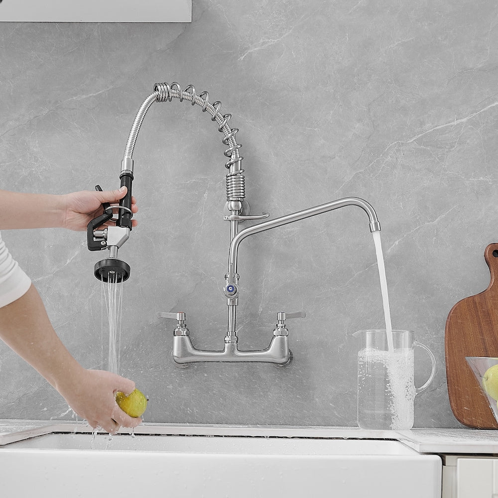 Robinet de cuisine utilitaire à 2 poignées avec bec rétractable et pré-rinçage pour restaurant commercial en nickel