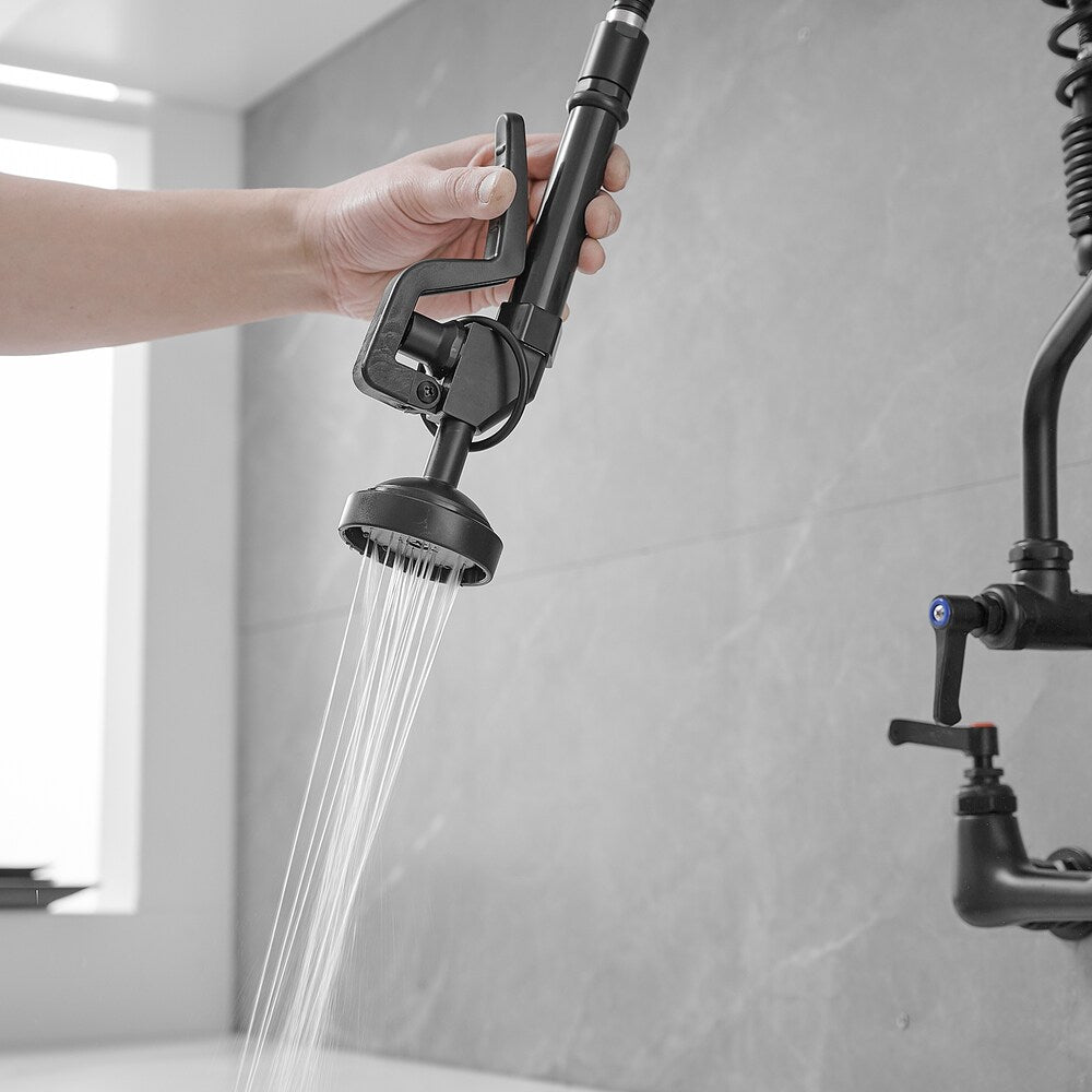 Robinet de cuisine utilitaire à 2 poignées avec bec rétractable et pré-rinçage pour restaurant, noir mat