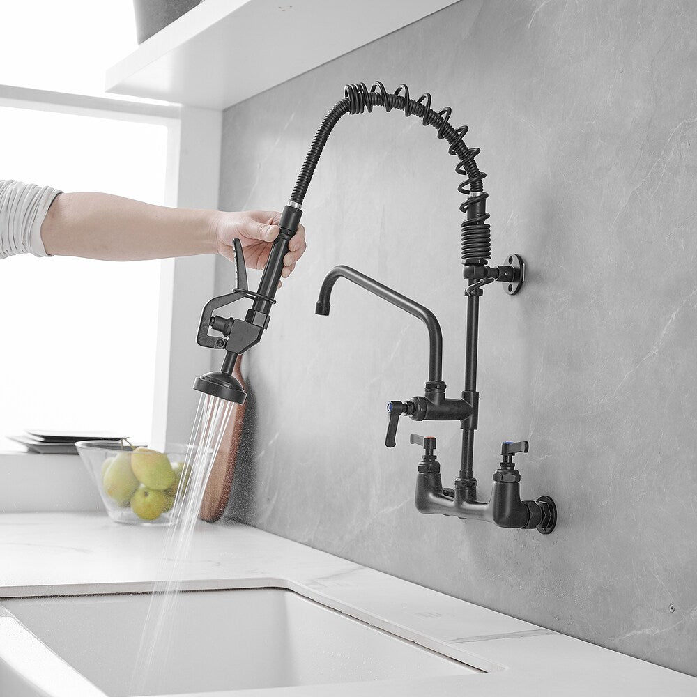 Robinet de cuisine utilitaire à 2 poignées avec bec rétractable et pré-rinçage pour restaurant, noir mat