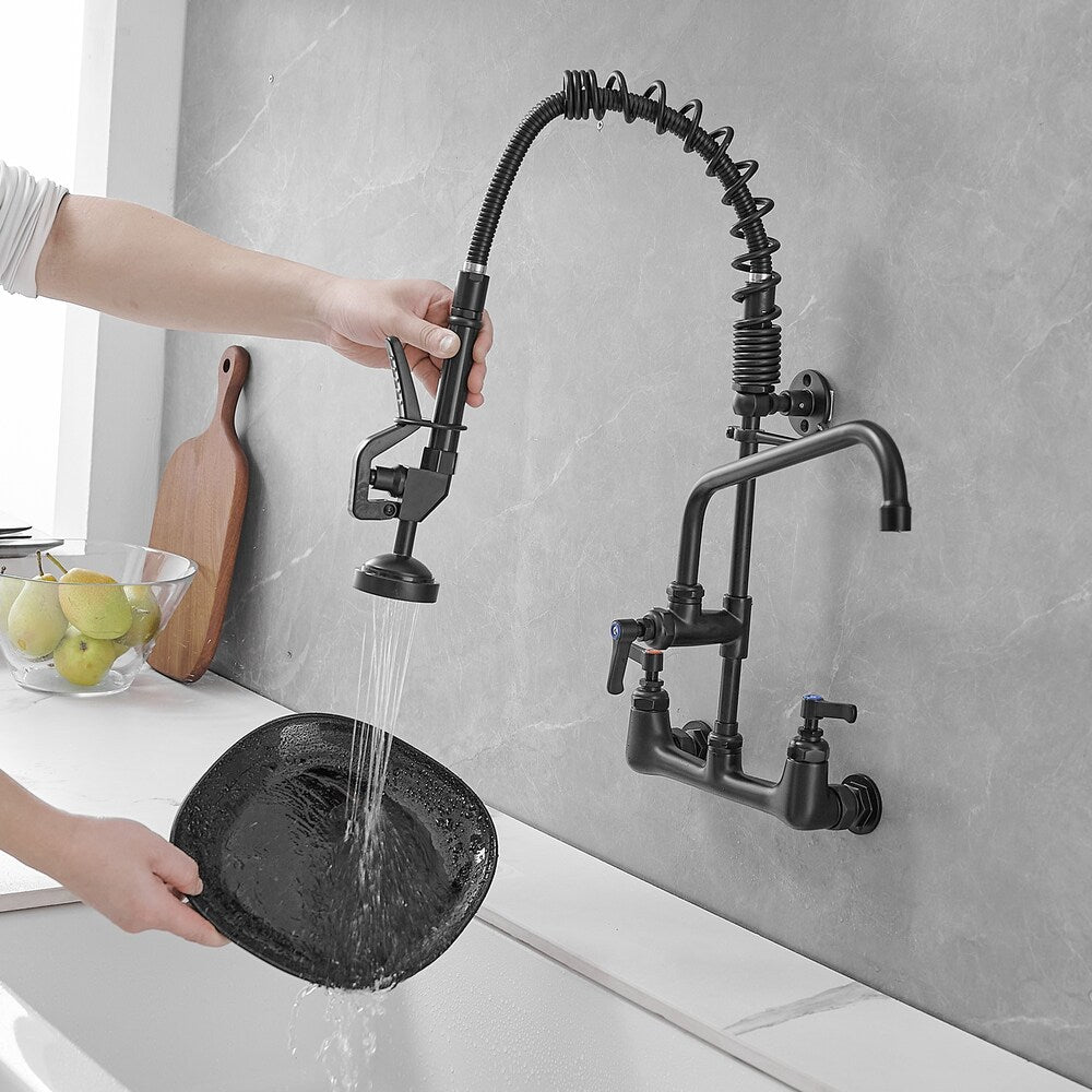 Robinet de cuisine utilitaire à 2 poignées avec bec rétractable et pré-rinçage pour restaurant, noir mat