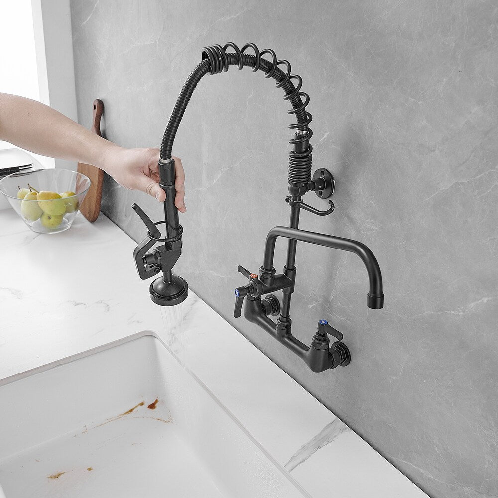 Robinet de cuisine utilitaire à 2 poignées avec bec rétractable et pré-rinçage pour restaurant, noir mat