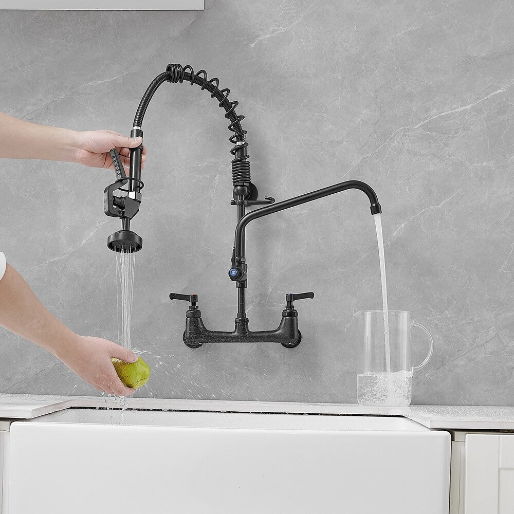 Robinet de cuisine utilitaire à 2 poignées avec bec rétractable et pré-rinçage pour restaurant, noir mat