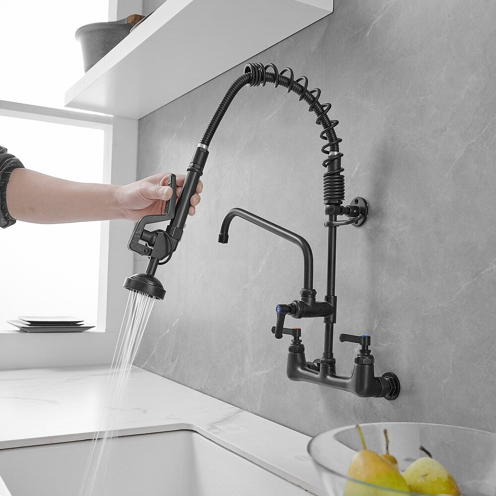 Robinet de cuisine utilitaire à 2 poignées avec bec rétractable et pré-rinçage pour restaurant, noir mat