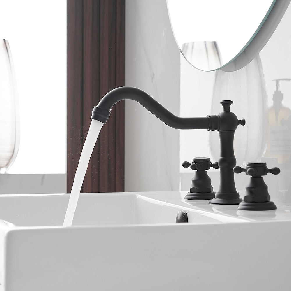 Robinet de salle de bain à 2 poignées et 3 trous de 8 pouces avec kit de vidange et conduites d'alimentation en noir mat