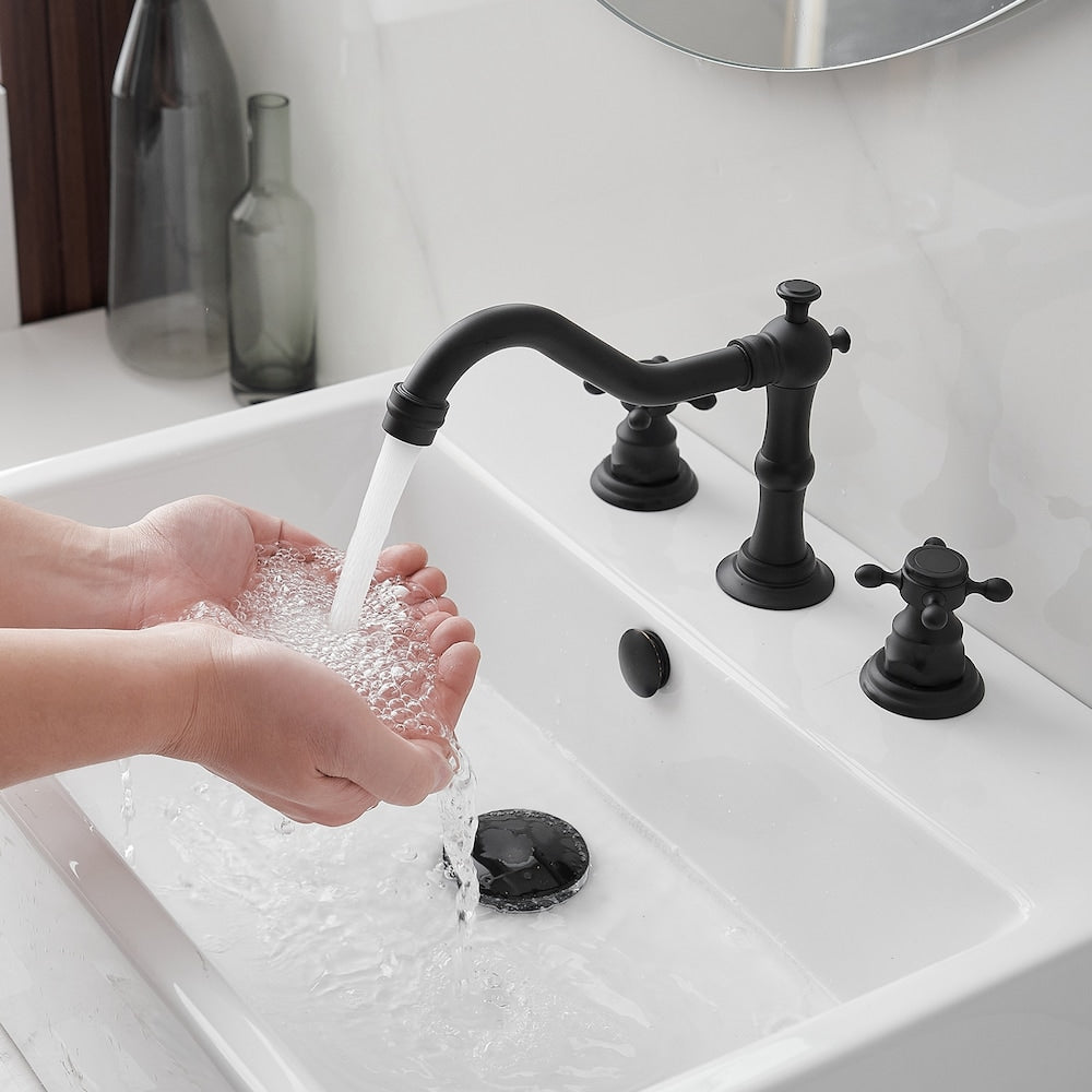 Robinet de salle de bain à 2 poignées et 3 trous de 8 pouces avec kit de vidange et conduites d'alimentation en noir mat