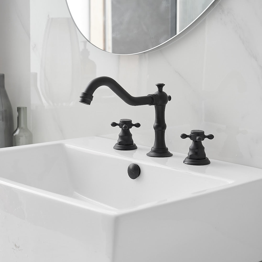 Robinet de salle de bain à 2 poignées et 3 trous de 8 pouces avec kit de vidange et conduites d'alimentation en noir mat