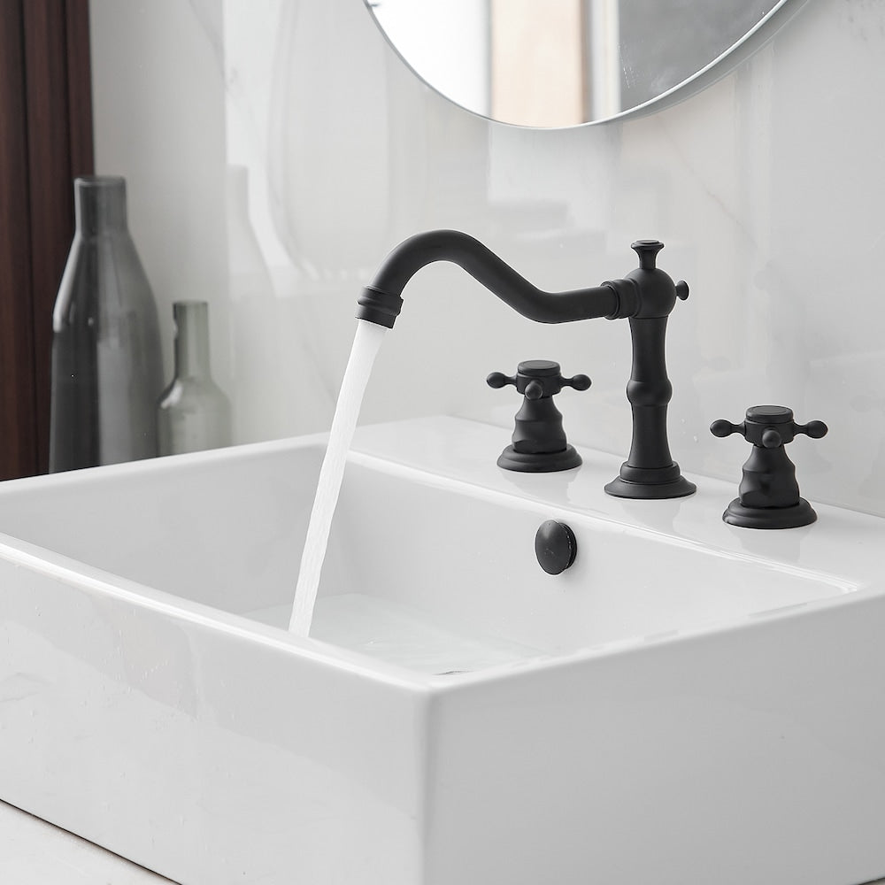 Robinet de salle de bain à 2 poignées et 3 trous de 8 pouces avec kit de vidange et conduites d'alimentation en noir mat