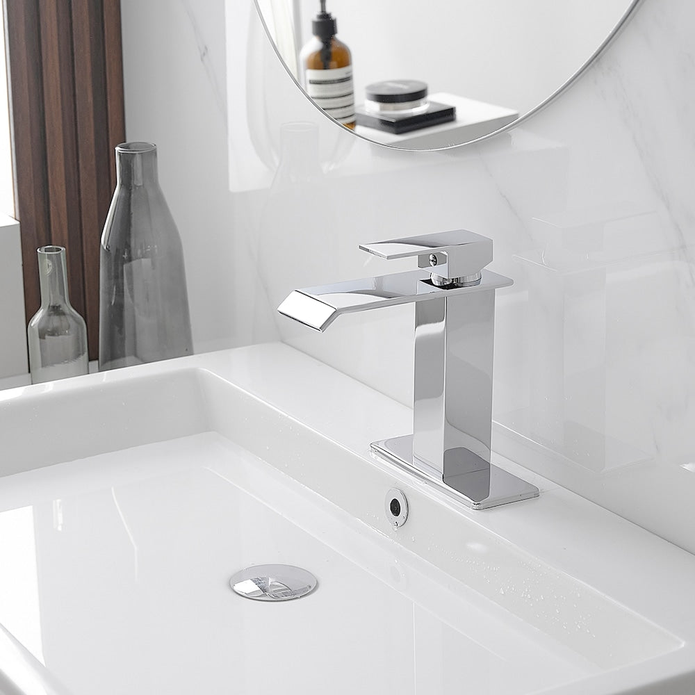 Robinet de salle de bain monotrou à poignée unique avec ensemble de vidage escamotable en chrome poli