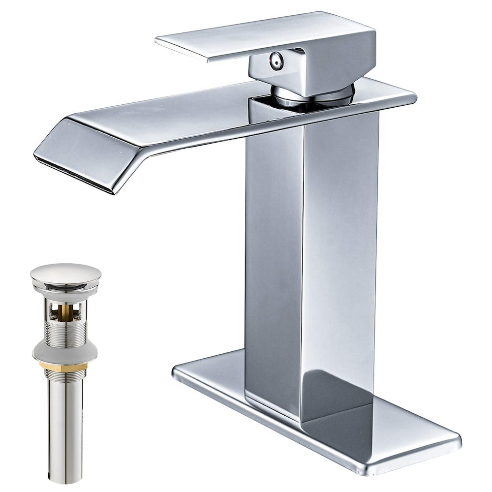 Robinet de salle de bain monotrou à poignée unique avec ensemble de vidage escamotable en chrome poli