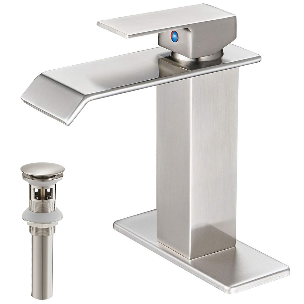 Robinet de salle de bain monotrou à poignée unique avec ensemble de vidage escamotable en nickel brossé
