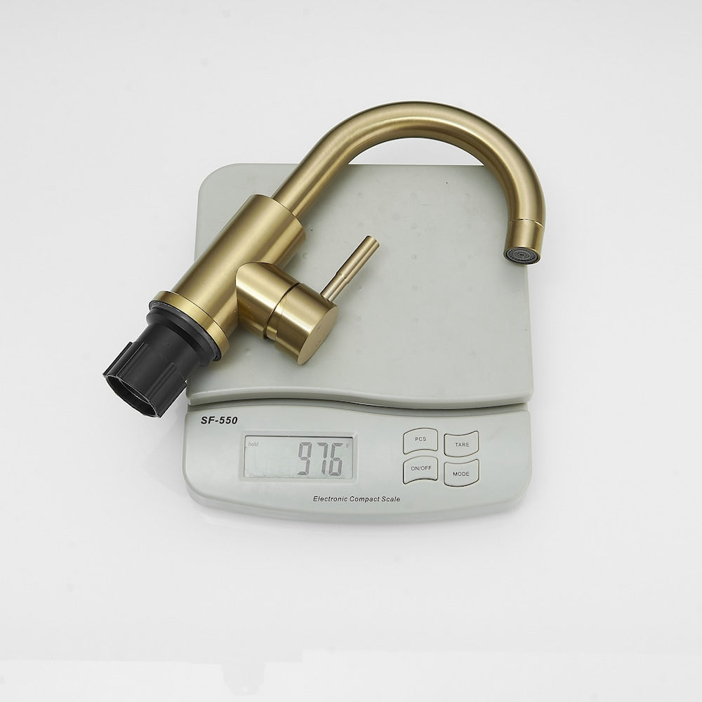 Robinet de salle de bain monotrou à poignée unique et bec pivotant en or brossé