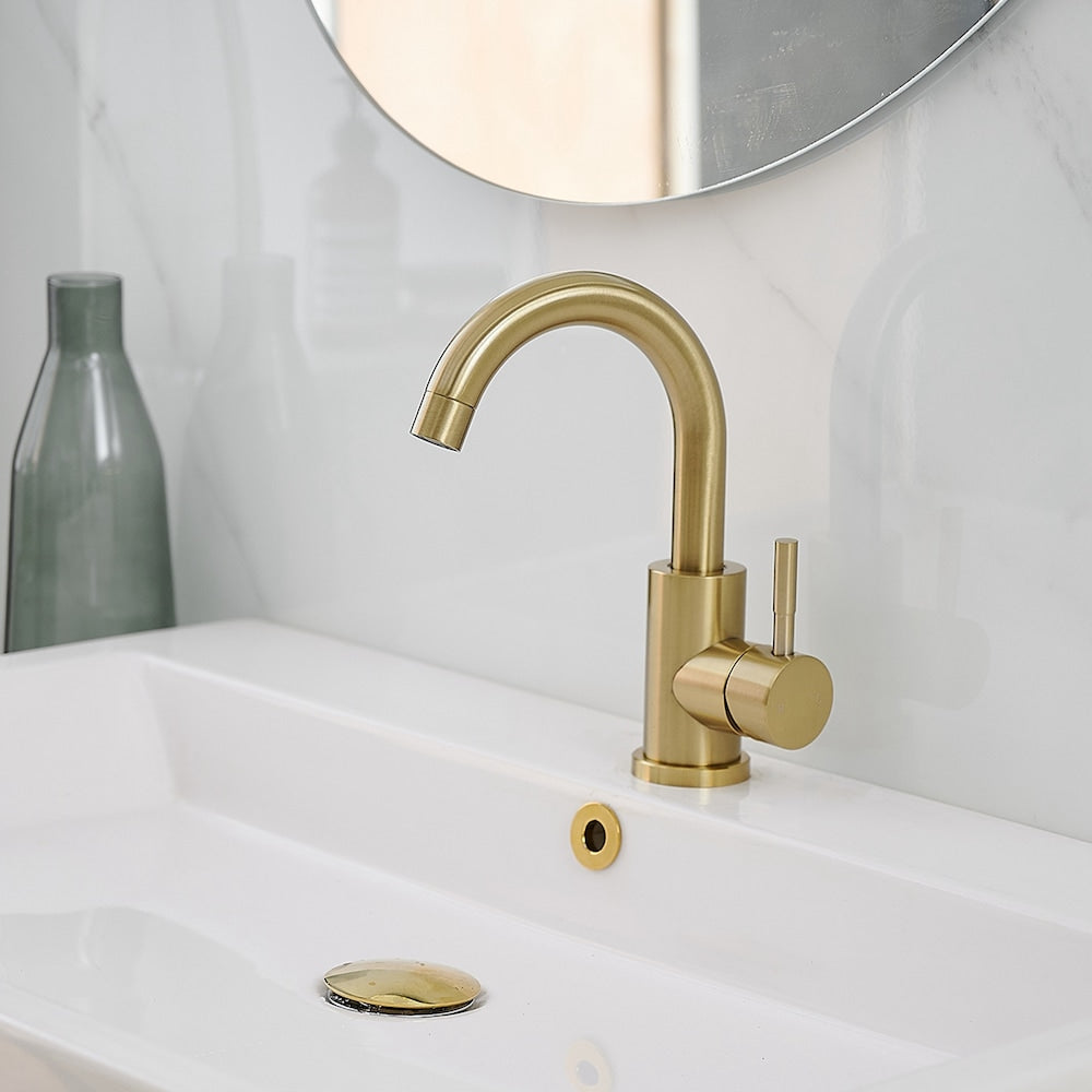 Robinet de salle de bain monotrou à poignée unique et bec pivotant en or brossé
