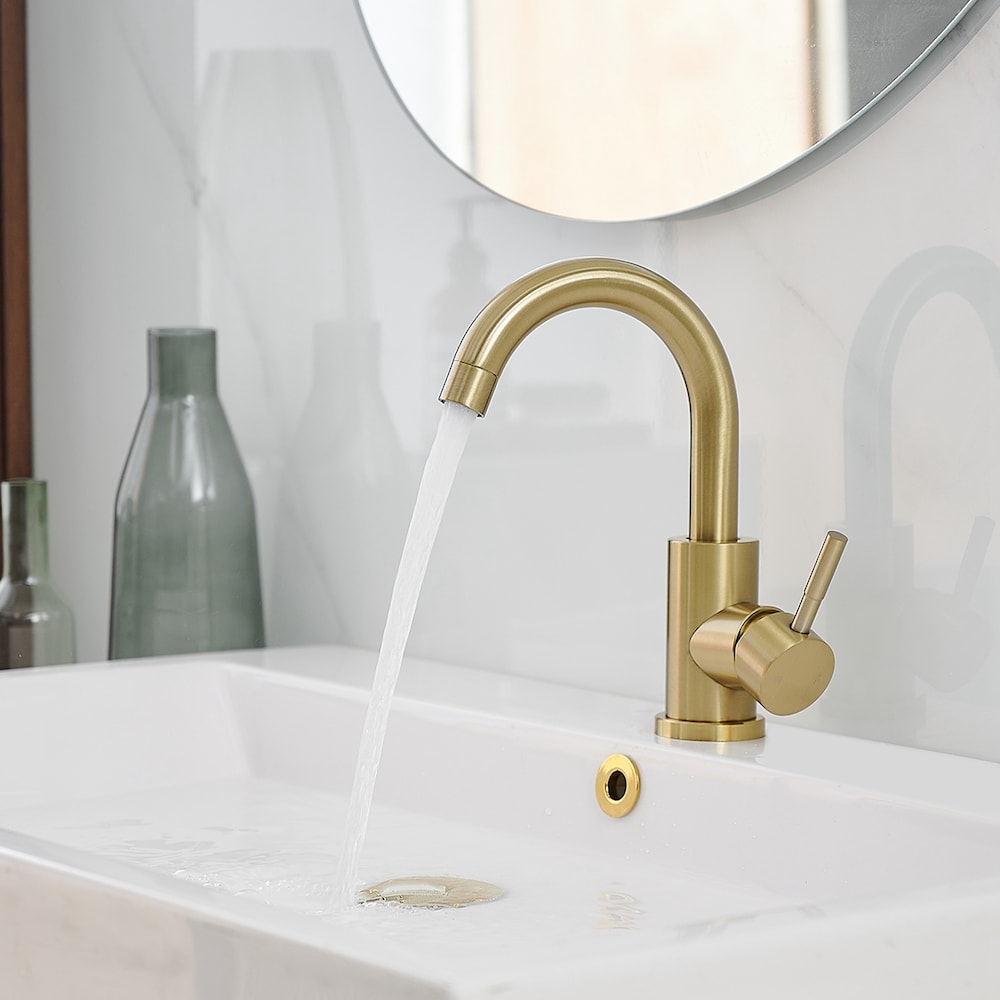 Robinet de salle de bain monotrou à poignée unique et bec pivotant en or brossé