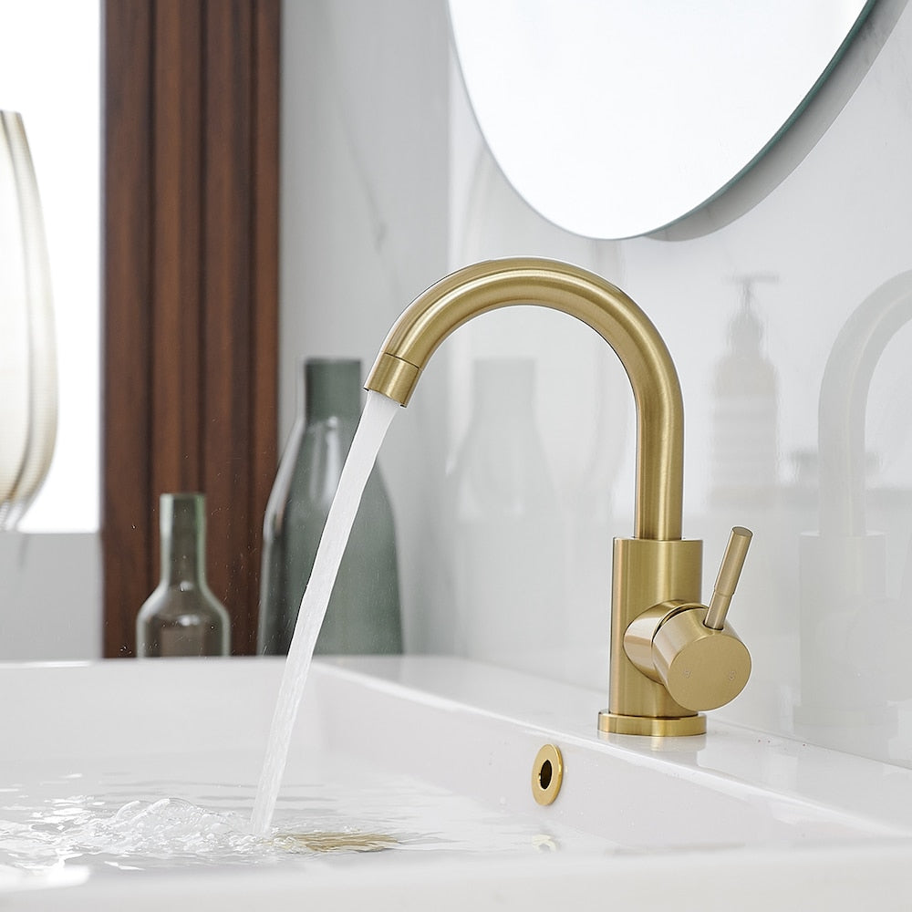 Robinet de salle de bain monotrou à poignée unique et bec pivotant en or brossé