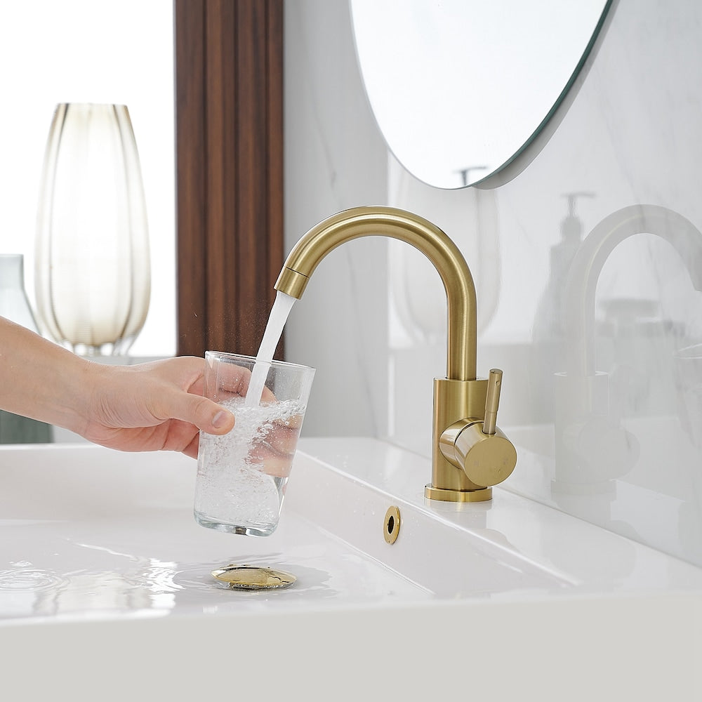 Robinet de salle de bain monotrou à poignée unique et bec pivotant en or brossé