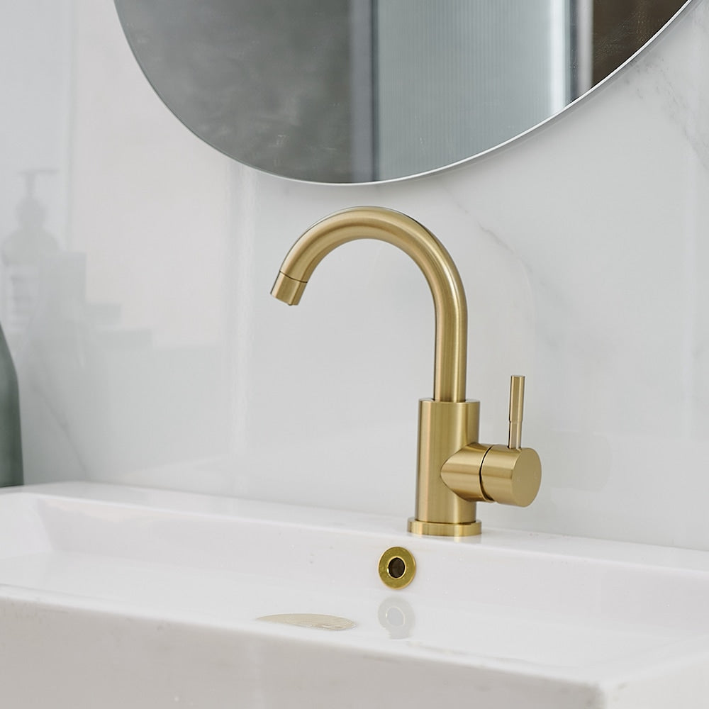 Robinet de salle de bain monotrou à poignée unique et bec pivotant en or brossé
