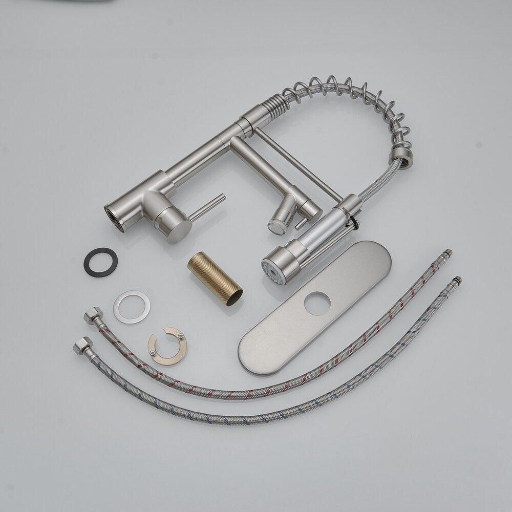 Robinet de cuisine à poignée unique avec douchette rétractable et éclairage à DEL et plaque de pont en nickel brossé