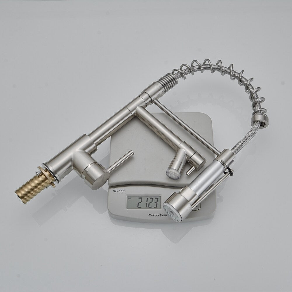 Robinet de cuisine à poignée unique avec douchette rétractable et éclairage à DEL et plaque de pont en nickel brossé