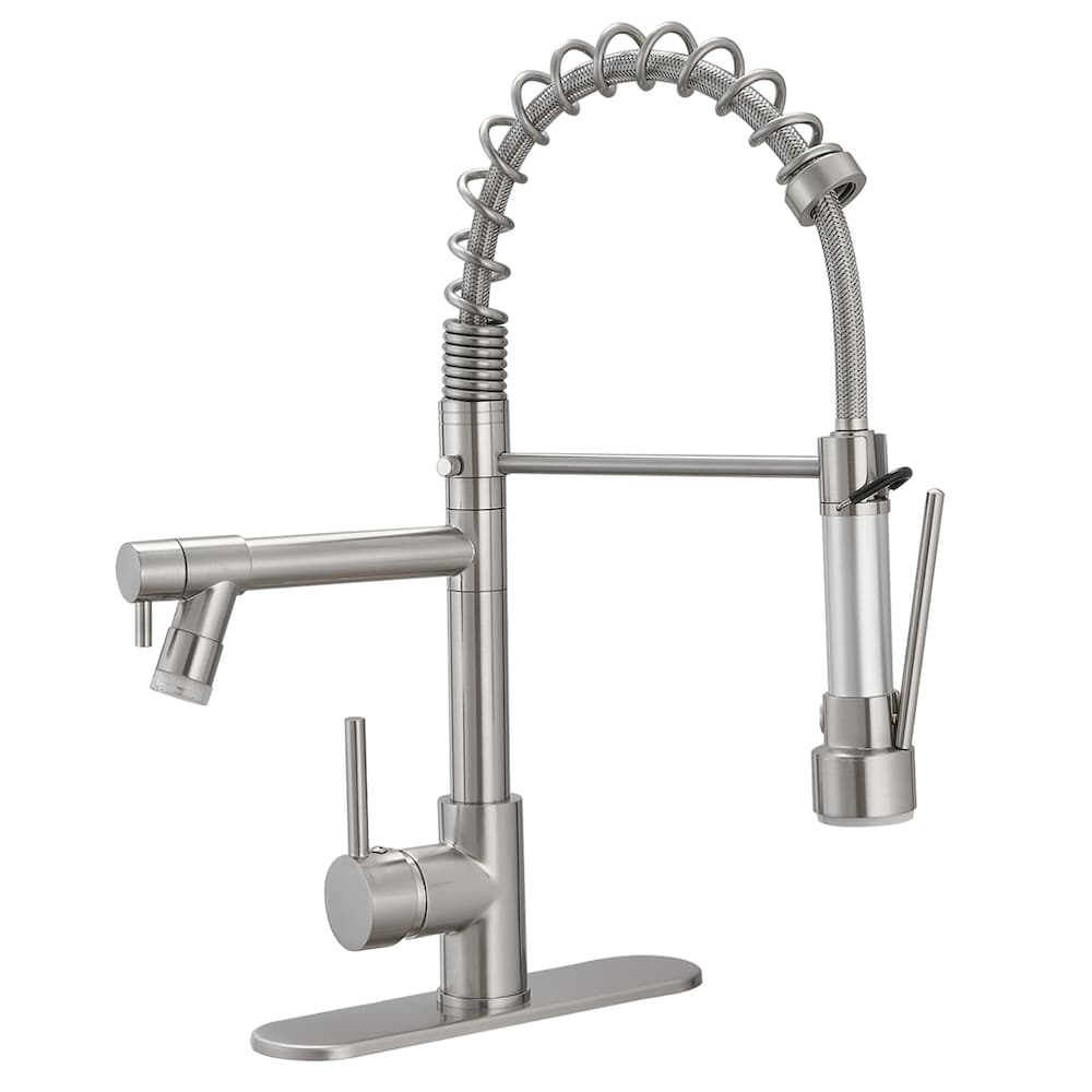 Robinet de cuisine à poignée unique avec douchette rétractable et éclairage à DEL et plaque de pont en nickel brossé