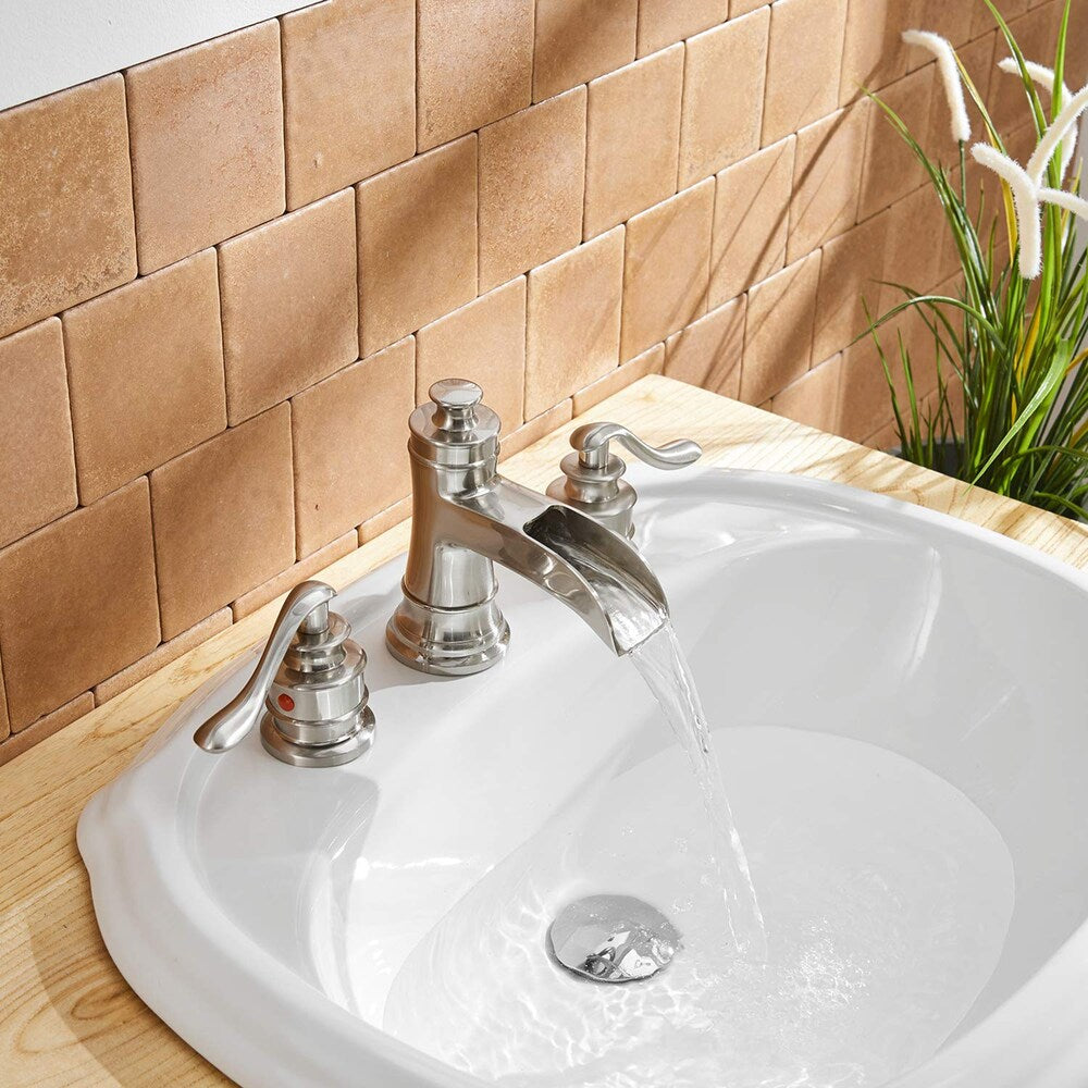 Robinet de salle de bain à double poignée et cascade de 8 pouces avec ensemble de vidange en nickel brossé