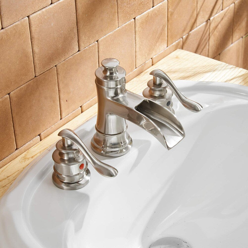 Robinet de salle de bain à double poignée et cascade de 8 pouces avec ensemble de vidange en nickel brossé