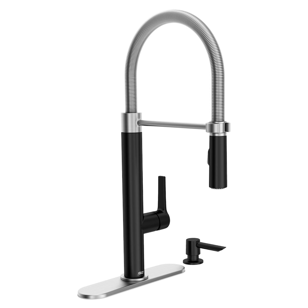Robinet de cuisine semi-professionnel Cayenne à poignée unique et à double jet rétractable en noir mat/acier inoxydable avec distributeur de savon (robinet et plaque de pont inclus)