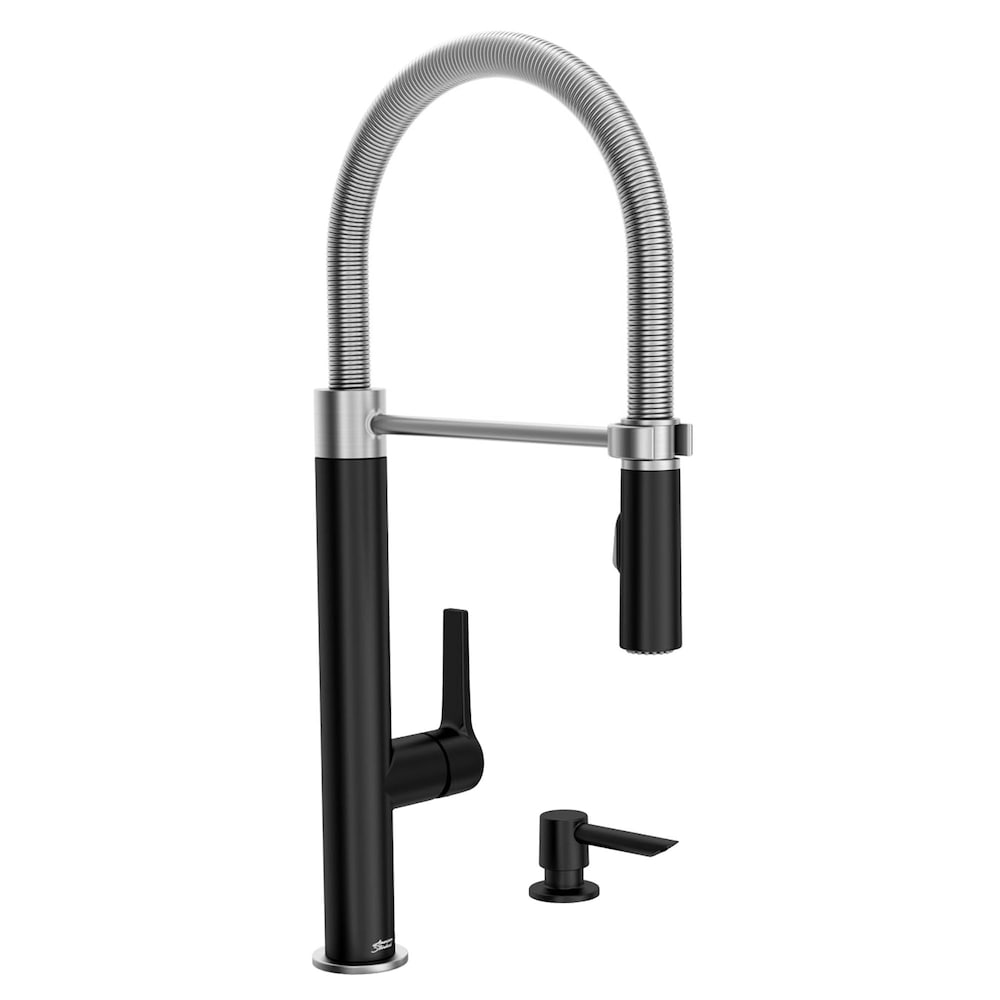 Robinet de cuisine semi-professionnel Cayenne à poignée unique et à double jet rétractable en noir mat/acier inoxydable avec distributeur de savon (robinet et plaque de pont inclus)
