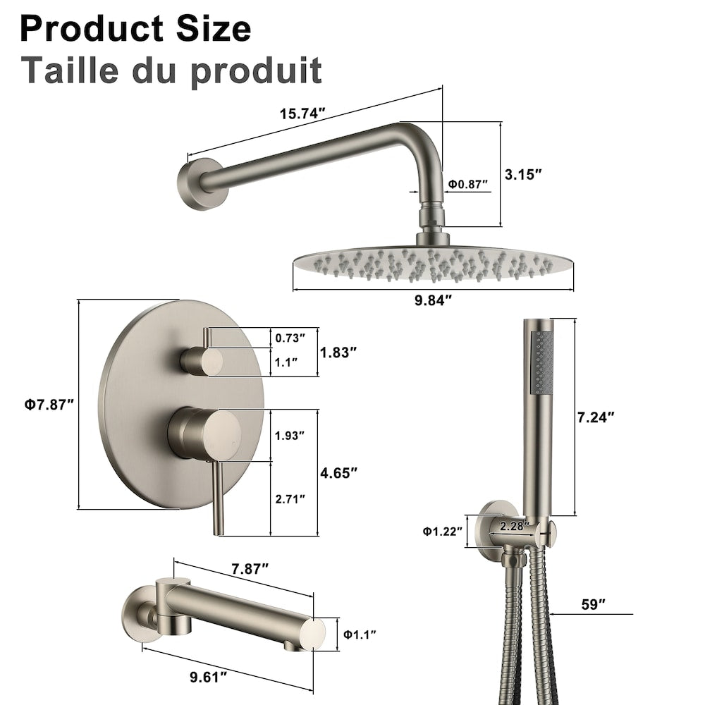 Wall Mounted 10 inch Fixed and Hand Shower Set with Swivel Bathtub Spout in Matte Brushed Nickel