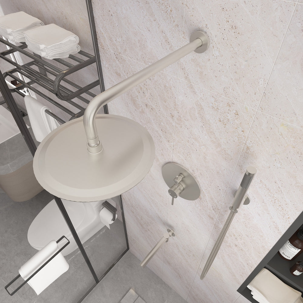 Wall Mounted 10 inch Fixed and Hand Shower Set with Swivel Bathtub Spout in Matte Brushed Nickel