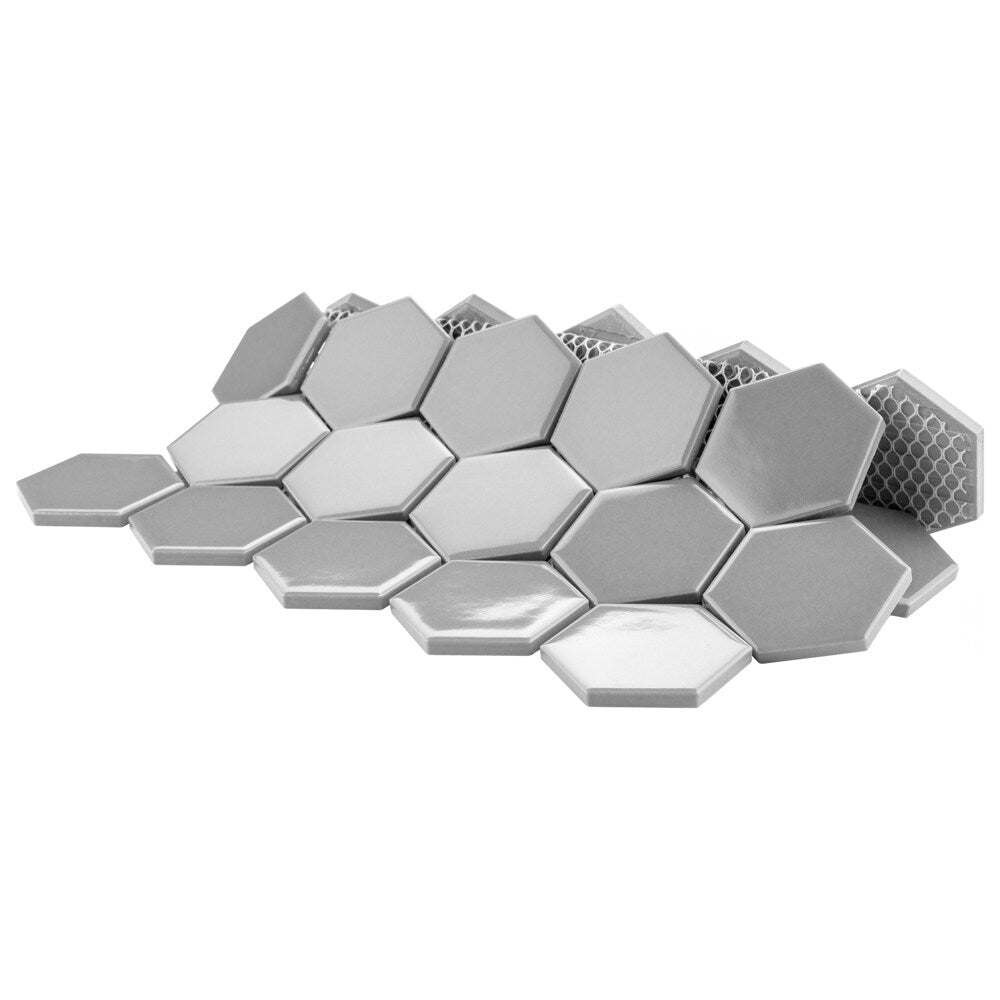 Sample - Metro 2" Hex Glossy Light Grey 6-inch x 6-inch Porcelain Mosaic Tile