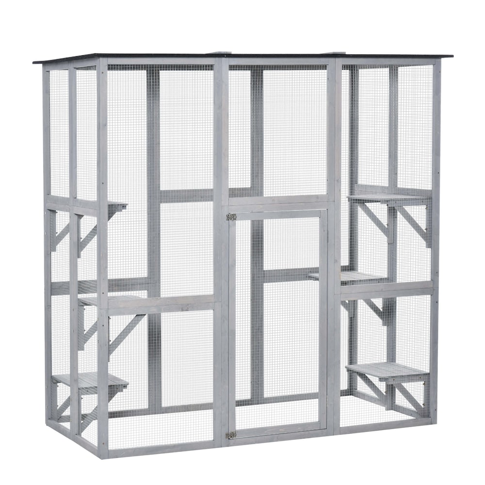 Outdoor Catio Enclosure, Wooden Cat Patio with 6 Balanced Platforms and Asphalt Roof,  Grey