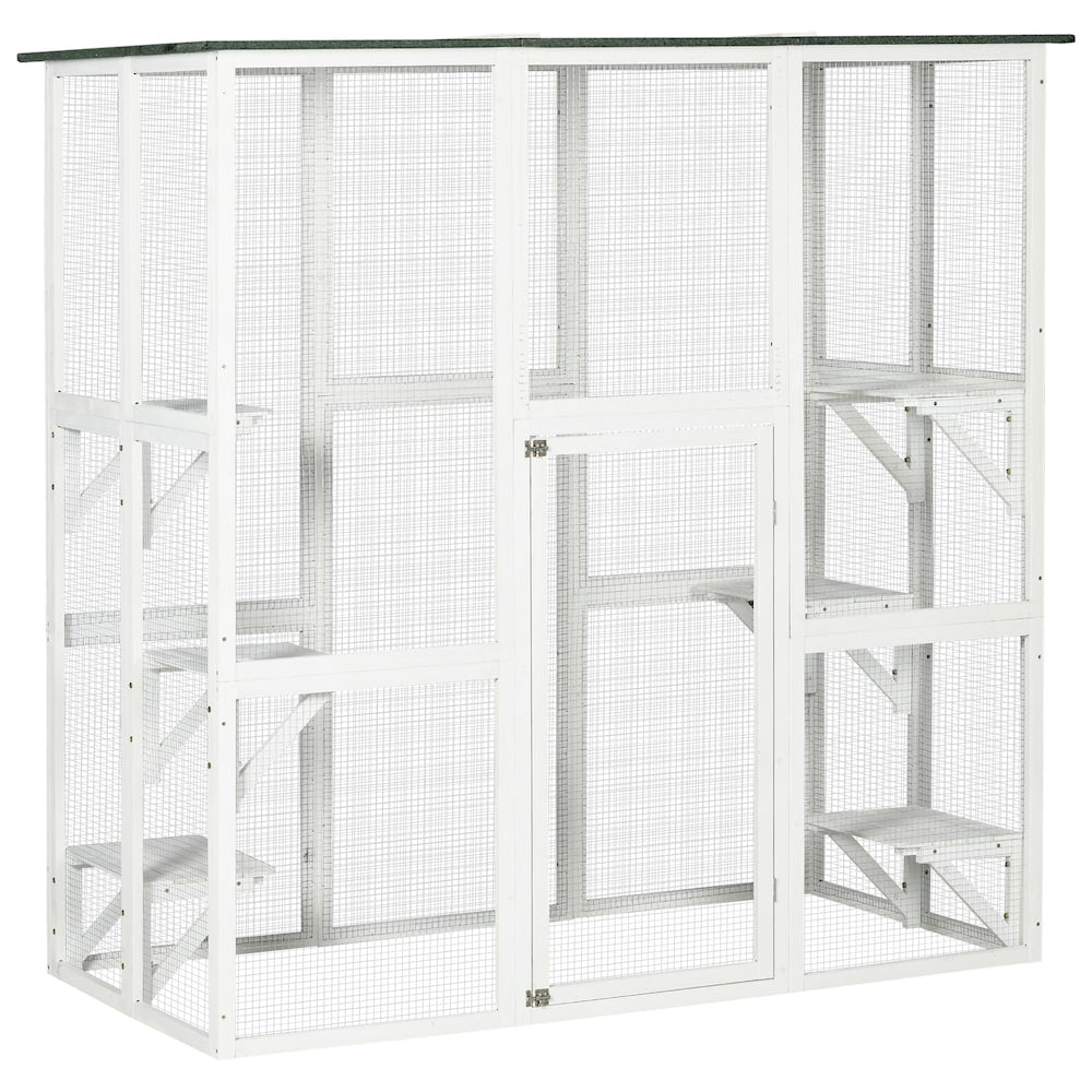 Large Outdoor Catio Enclosure, Wooden Cat Patio 6 Balanced Platforms and Asphalt Roof, White