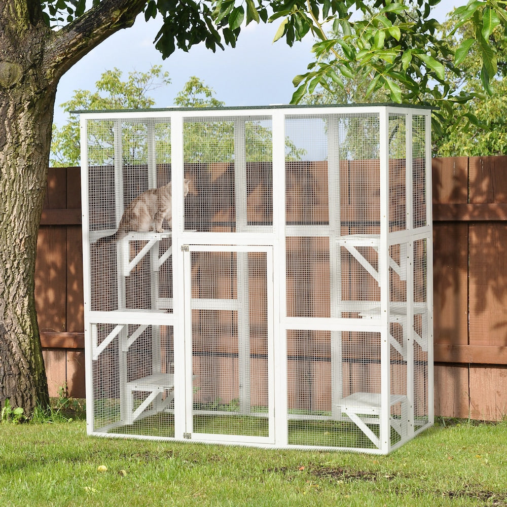 Large Outdoor Catio Enclosure, Wooden Cat Patio 6 Balanced Platforms and Asphalt Roof, White